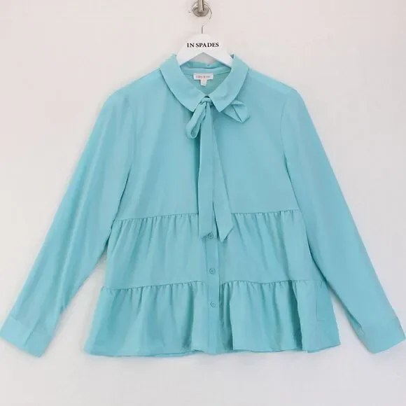 Riley Rae Tiered Tie-Neck Blouse, Create Seafoam - Picture 2 of 3